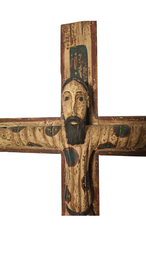 Christ en Majesté, Style roman - Bois sculpté Polychrome - Fin XIXeme début XXeme