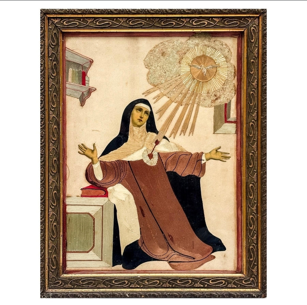 Magnifique broderie encadrée de Sainte Thérèse de Jésus - Espagne - XIXeme