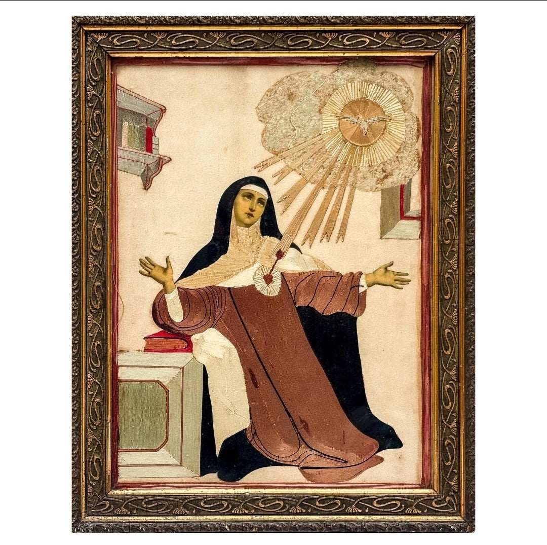 Magnifique broderie encadrée de Sainte Thérèse de Jésus - Espagne - XIXeme
