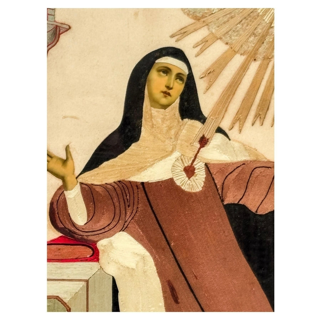 Magnifique broderie encadrée de Sainte Thérèse de Jésus - Espagne - XIXeme