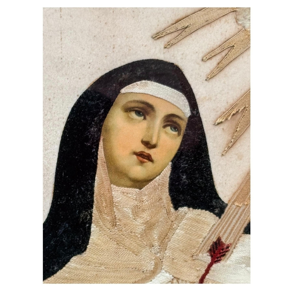 Magnifique broderie encadrée de Sainte Thérèse de Jésus - Espagne - XIXeme