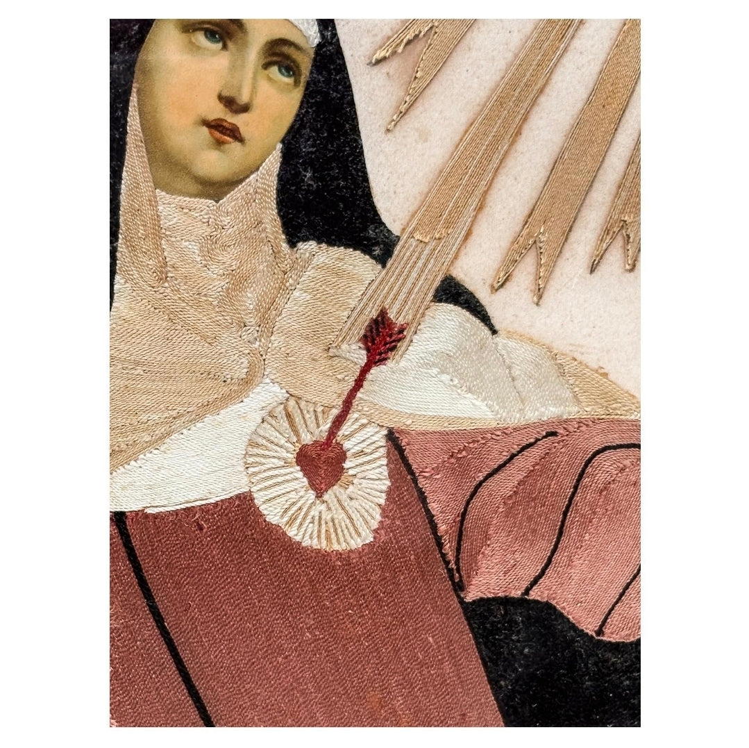 Magnifique broderie encadrée de Sainte Thérèse de Jésus - Espagne - XIXeme