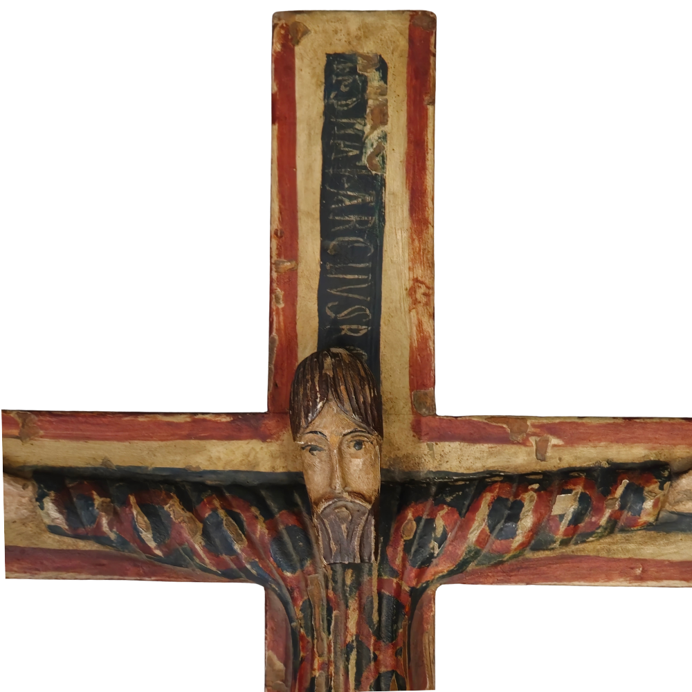 Magnifique Christ en Majesté, style roman - bois sculpté polychromé -