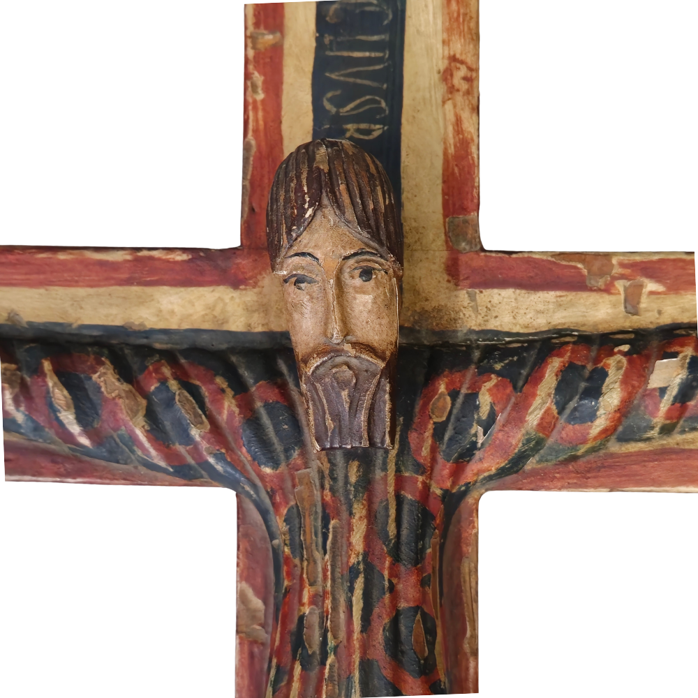 Magnifique Christ en Majesté, style roman - bois sculpté polychromé -